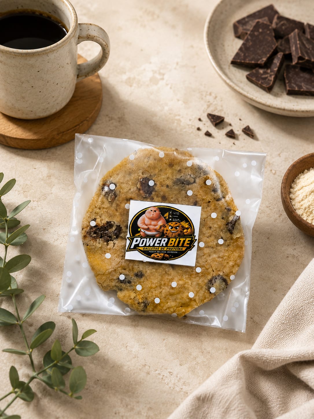 Empaque individual de PowerBite junto a cafe y chocolate